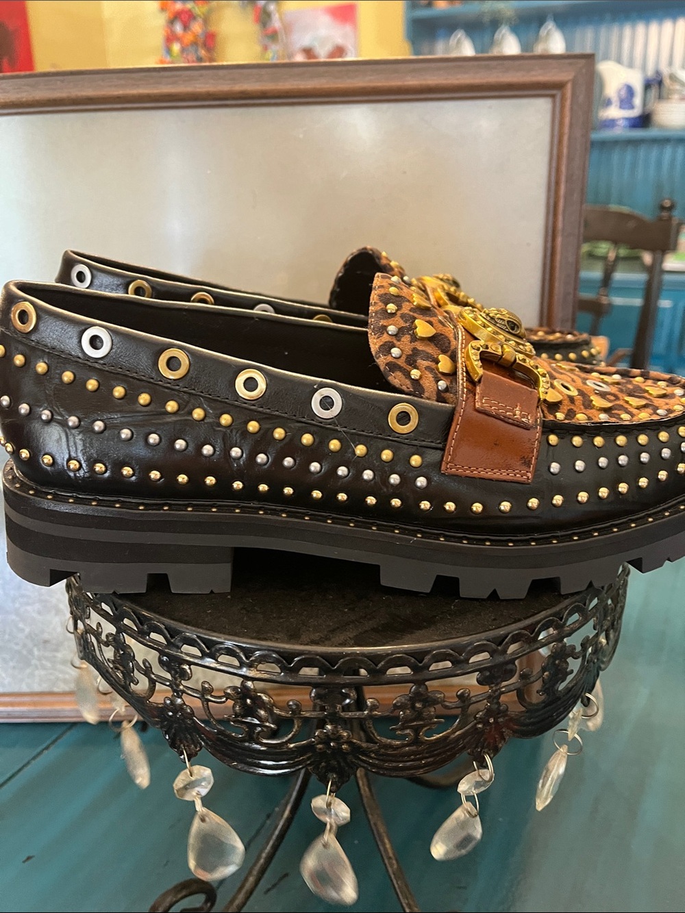 Kurt Geiger Brown Leopard Print Studded Loafers with Gold Accents - Picture 3 of 9